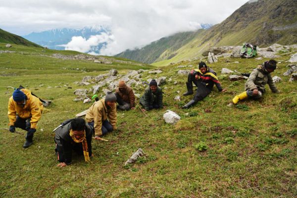 人们在喜马拉雅山西部北阿坎德邦阿斯果德地区采挖虫草